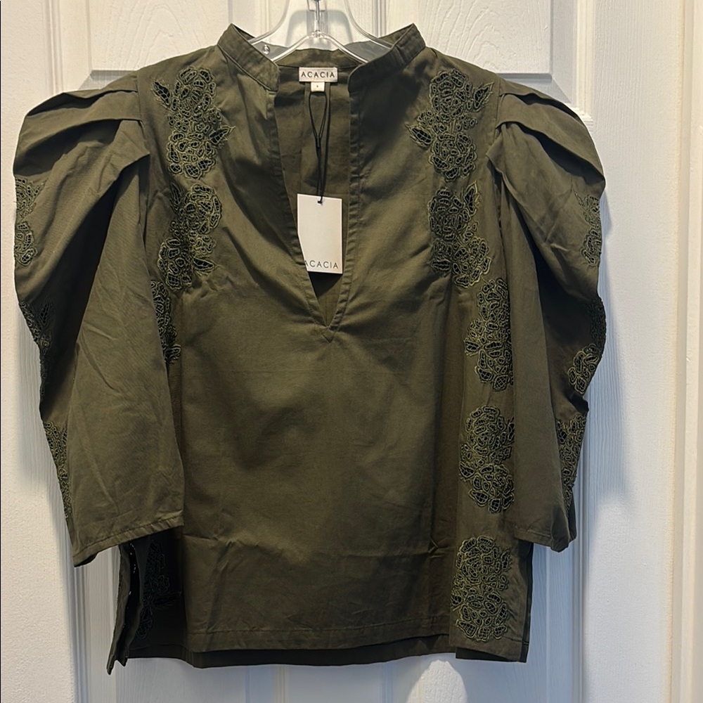 acacia swimwear Olive Green Embroidered Women's Top